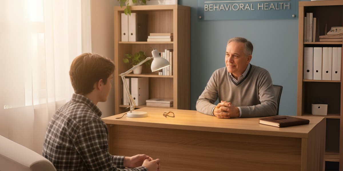 Teenager and adult consulting a psychologist about ADD/ADHD symptoms at New Hope Behavioral Health office.