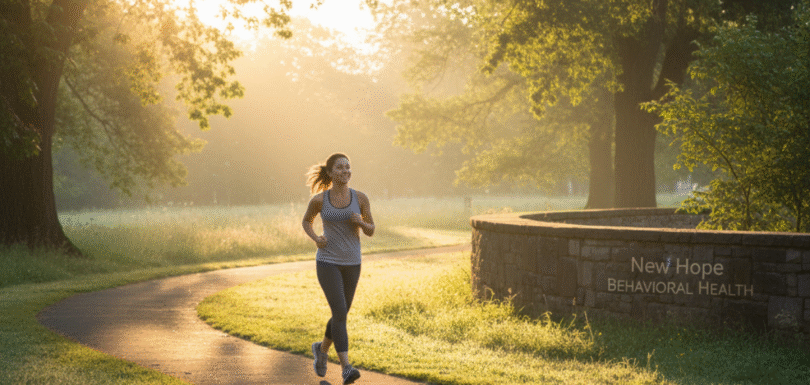 How Regular Exercise Fights Anxiety and Depression Naturally? – person jogging in sunrise park, New Hope Behavioral Health
