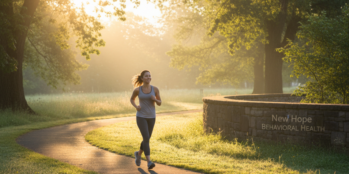 How Regular Exercise Fights Anxiety and Depression Naturally? – person jogging in sunrise park, New Hope Behavioral Health