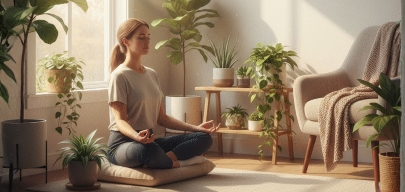 morning routines for anxiety control — peaceful meditation in sunlight to start the day calmly