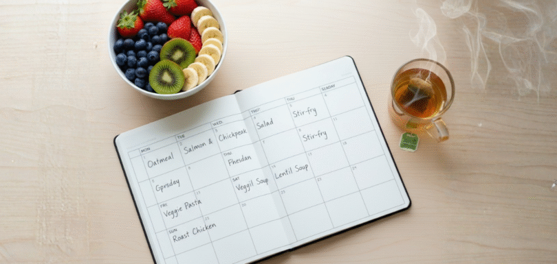 Top-down view of a minimalistic meal planner notepad showing "Salmon & Greens" and "Oatmeal," alongside a colorful bowl of fruit and tea, visually representing meal planning tips for better mental health and reduced daily stress.
