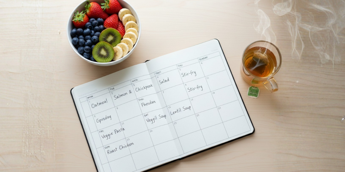 Top-down view of a minimalistic meal planner notepad showing "Salmon & Greens" and "Oatmeal," alongside a colorful bowl of fruit and tea, visually representing meal planning tips for better mental health and reduced daily stress.