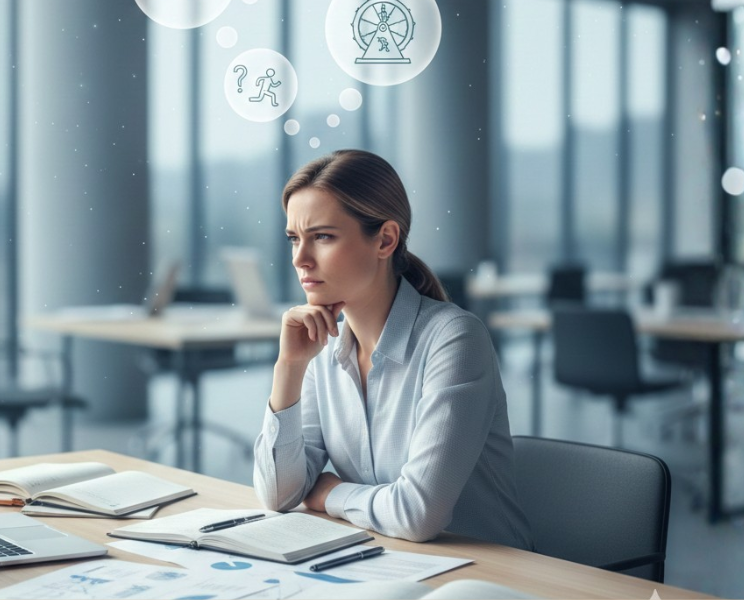 A woman in an office setting experiencing mental overload, symbolizing tips to overcome overthinking at work.