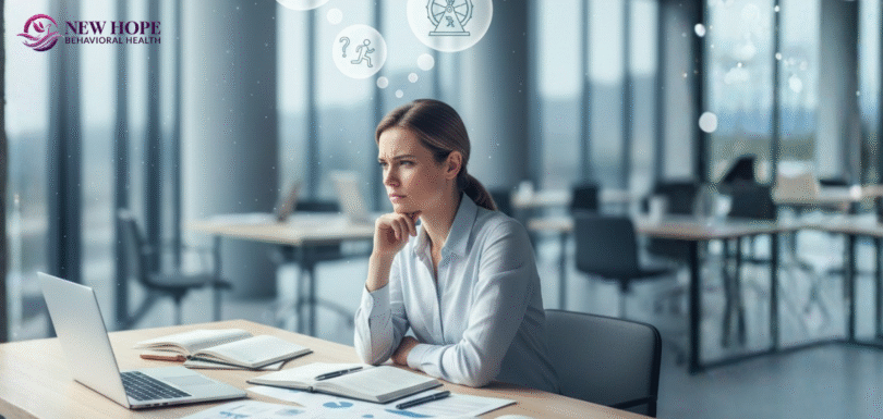 A woman in an office setting experiencing mental overload, symbolizing tips to overcome overthinking at work.