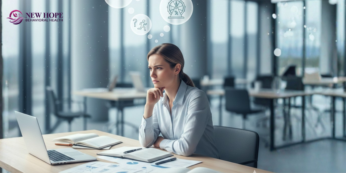 A woman in an office setting experiencing mental overload, symbolizing tips to overcome overthinking at work.