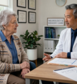 causes alzheimer’s disease discussion with doctor and elderly patient