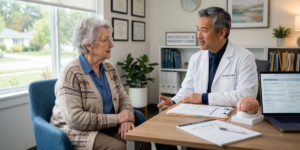 causes alzheimer’s disease discussion with doctor and elderly patient
