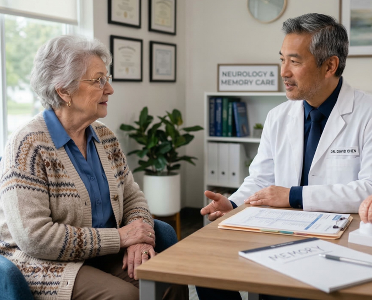 causes alzheimer’s disease discussion with doctor and elderly patient