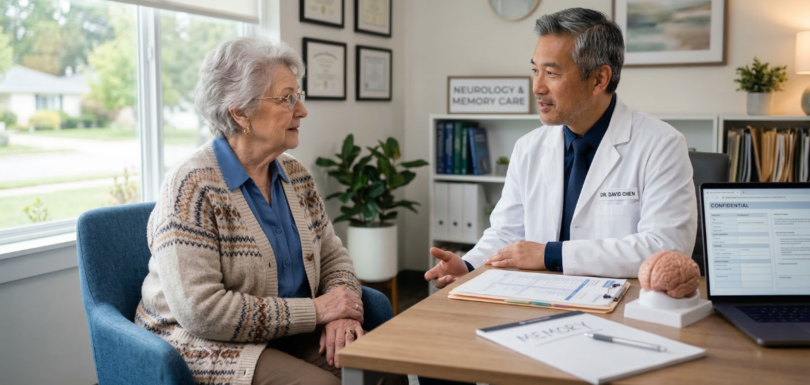 causes alzheimer’s disease discussion with doctor and elderly patient